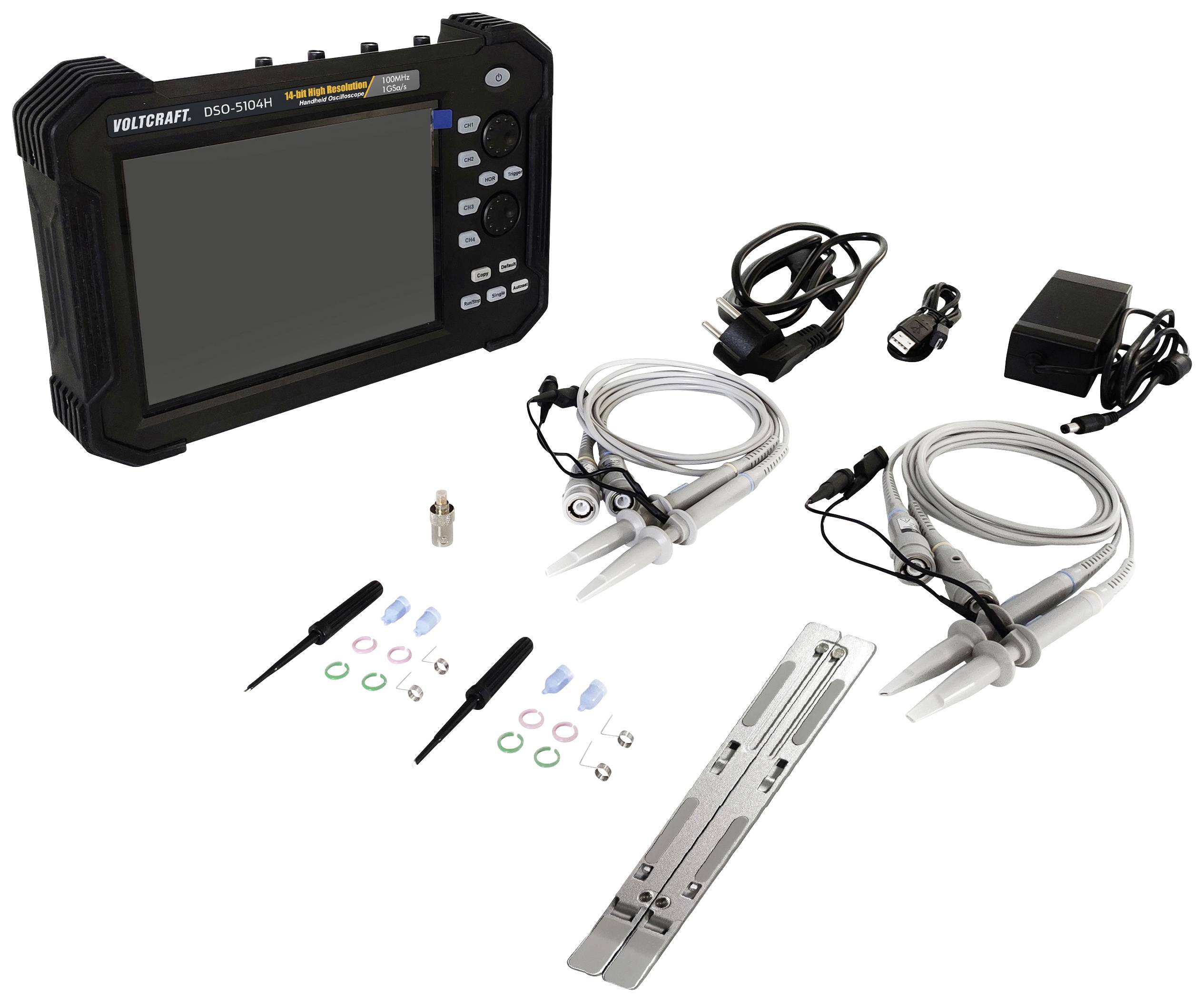 Portable digital storage oscilloscope with accessories: measurement leads, power supply, hook clips, and adapter. Ideal for electrical measurements.