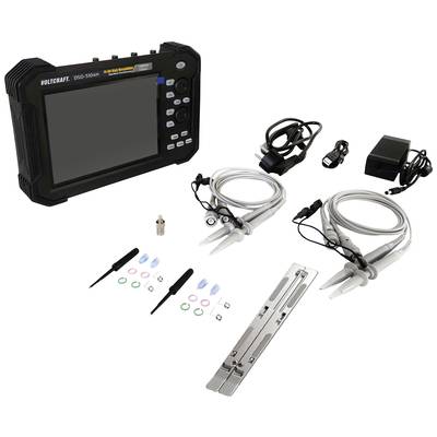 Portable digital storage oscilloscope with accessories: measurement leads, power supply, hook clips, and adapter. Ideal for electrical measurements.