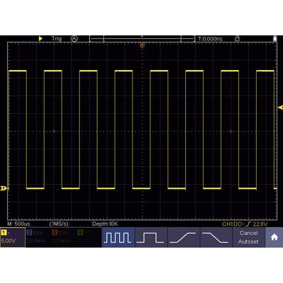 'Oscilloscope display: Yellow rectangular wave with constant pattern, time axis in microseconds, voltage scale 5 volts.'