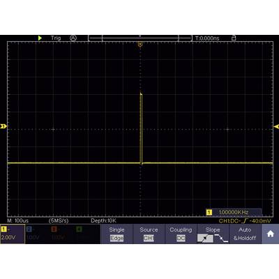 Oscilloscope screen shows a single yellow signal pulse, vertical scale 2V/div, horizontal 5ms/div, frequency 1000 kHz.