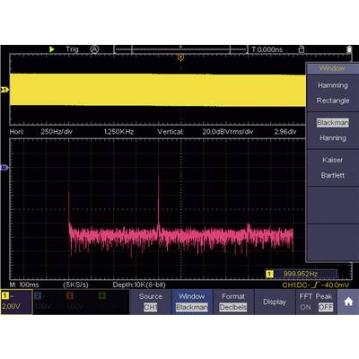 'Oscilloscope screen shows a frequency spectrum with a peak value at approximately 1 GHz. Blackman window option selected.'