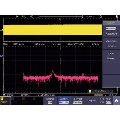 Oscilloscope display shows frequency spectrum with prominent peaks around 1 kHz. Display options such as 'Hamming' selected.