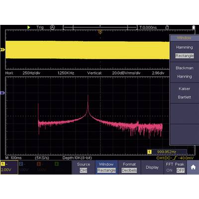 'Oscilloscope display shows a rectangular signal at the top, with a power distribution spectrum with peaks at the bottom. Setting: Rectangular window.'
