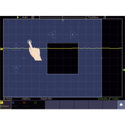 A graphical user interface displays an oscilloscope with a hand making a gesture on the screen.