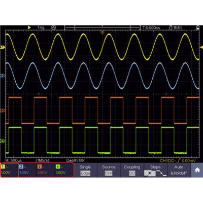 Oscilloscope screen displaying four waveforms: two sine waves at the top, a triangular wave and a square wave at the bottom. Each in a different colour.