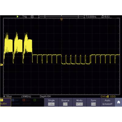 'Oscilloscope display shows yellow, wavy signal on black background. Timescale: 0-50 microseconds; Voltage: 0-5 volts.'