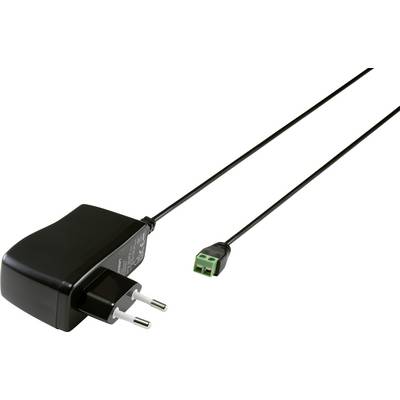 Black power supply with Euro plug and green two-pin connector at the cable end, suitable for electrical devices.