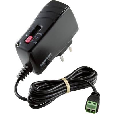 A black power supply with adjustable voltage from 3 to 12V. It has a European plug and a cable with a green connector.