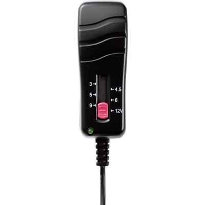 A black voltage adapter with a sliding control, the red button indicates 12V. A connection cable is located on the underside.