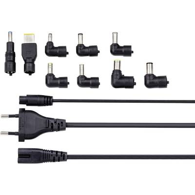 Various black adapters and plugs for chargers arranged on a white background. Includes European plugs and different adapter sizes.