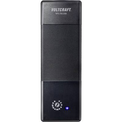 Black, rectangular device with the print 'Voltcraft NPS-134 USB'. Beneath it, a blue indicator light and a control dial with symbols.