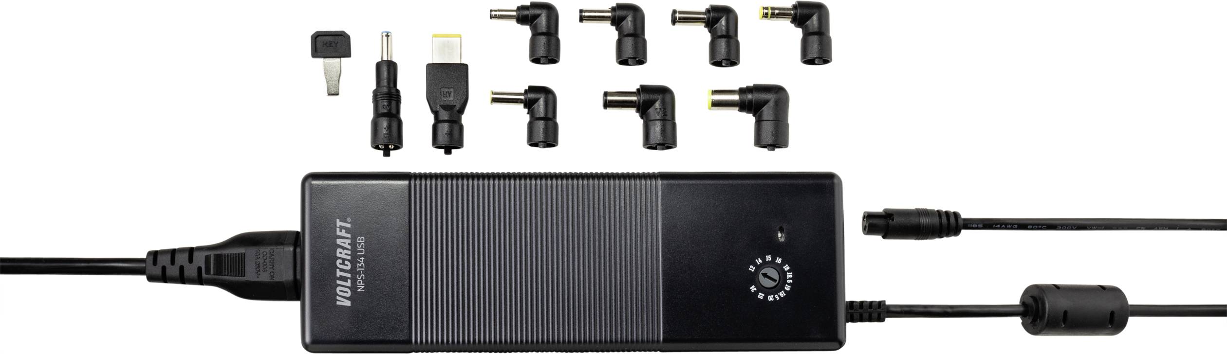 Voltage adapter with multiple interchangeable connectors and adjustable settings, suitable for various devices.