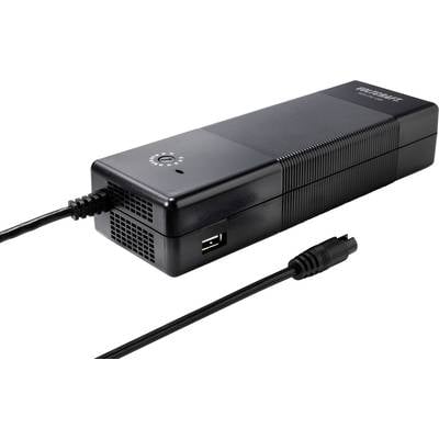 Black laptop power adapter with USB port, ventilation slots, and power cable. Suitable for mobile use and power supply.
