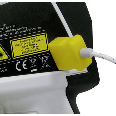 Laser device with yellow warning sticker: 'Laser radiation! Do not look into the beam. Laser Class 2'. Cable connected.