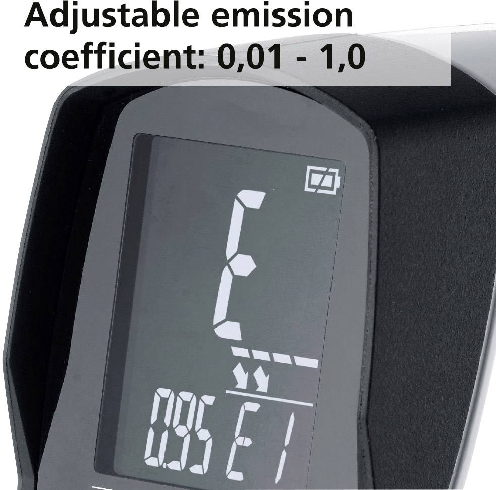 Digital display shows 'E' above a number, with the label: 'Adjustable emission coefficient: 0.01 - 1.0'.
