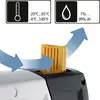 A device with an orange sensor shows temperature range '-20°C...65°C' and humidity range '1%...99% rH'. Blue arrows symbolise air movement.
