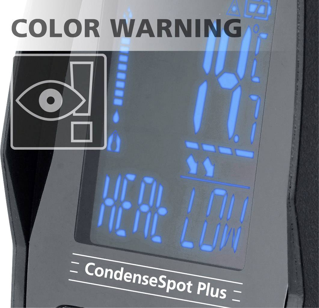 Display of a device with blue illuminated numbers and characters, showing 'HEAT' and 'LOW', with 'COLOUR WARNING' text in the top left corner.