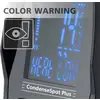 Display of a device with blue illuminated numbers and characters, showing 'HEAT' and 'LOW', with 'COLOUR WARNING' text in the top left corner.