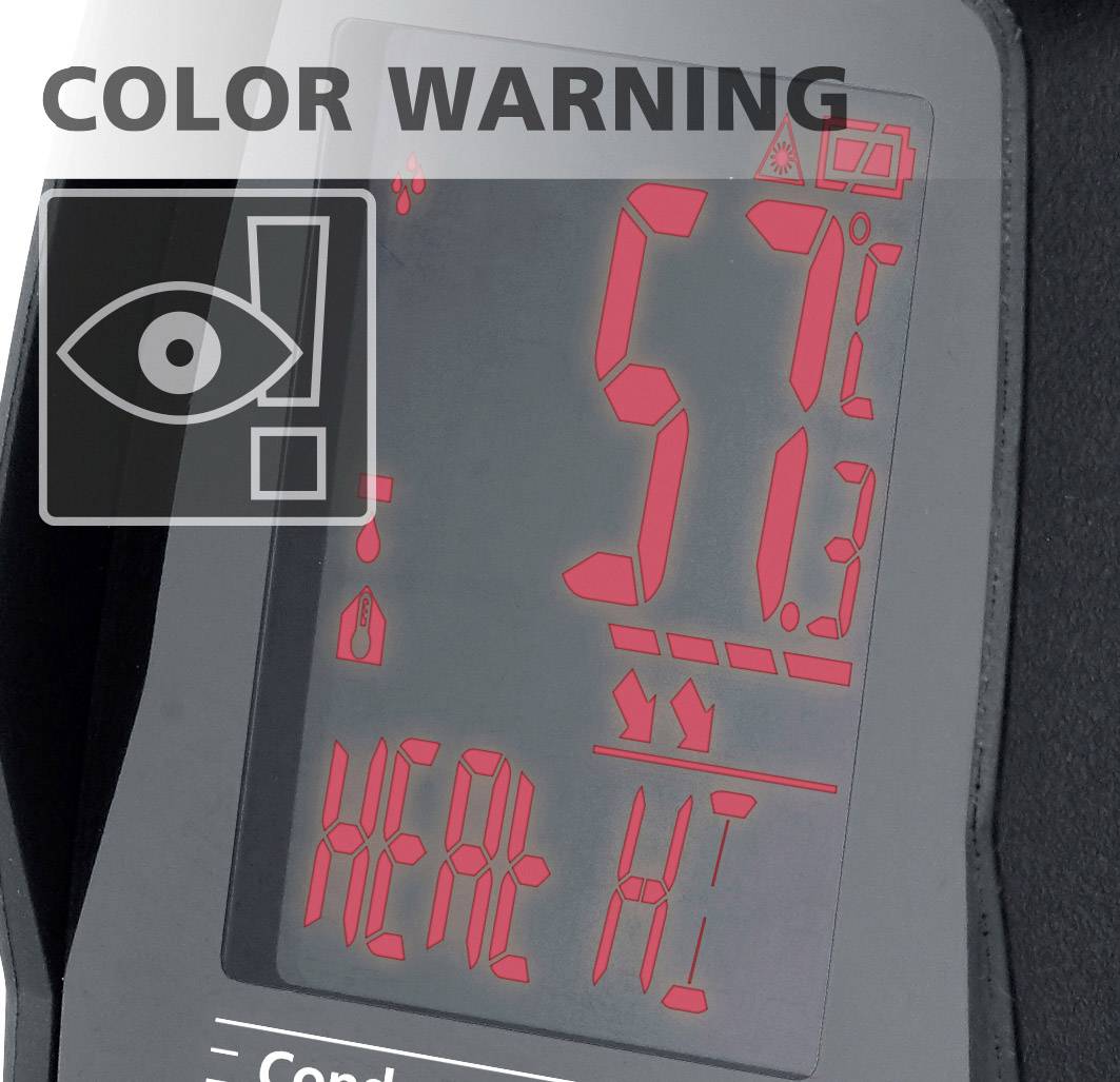 Display screen with warning notice: 'HEAL HI' and 57°C in red, next to an eye symbol with an exclamation mark and text 'COLOUR WARNING'.