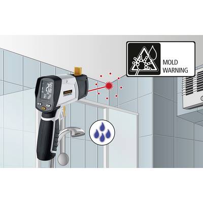 In a bathroom, an infrared thermometer is pointed at a wall. A warning sign displays 'Mould Warning'.