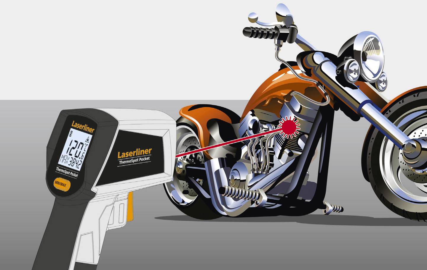 'Image of an infrared thermometer measuring the surface temperature of an orange motorcycle, showing a reading of 120°C.'