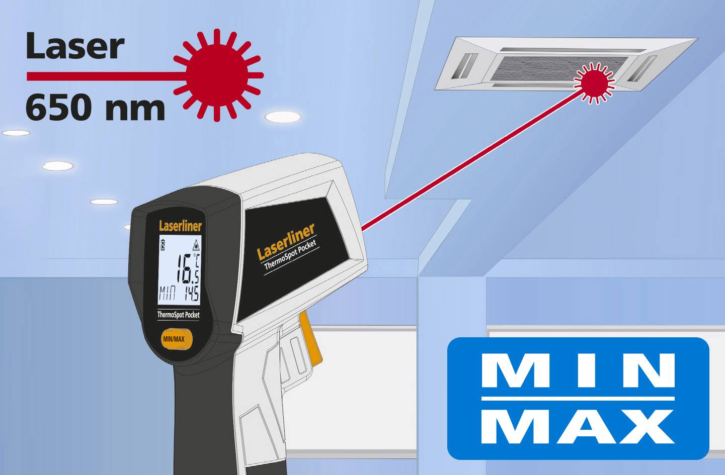 An infrared thermometer measures the temperature of a ventilation shaft. A red laser beam points at the shaft.