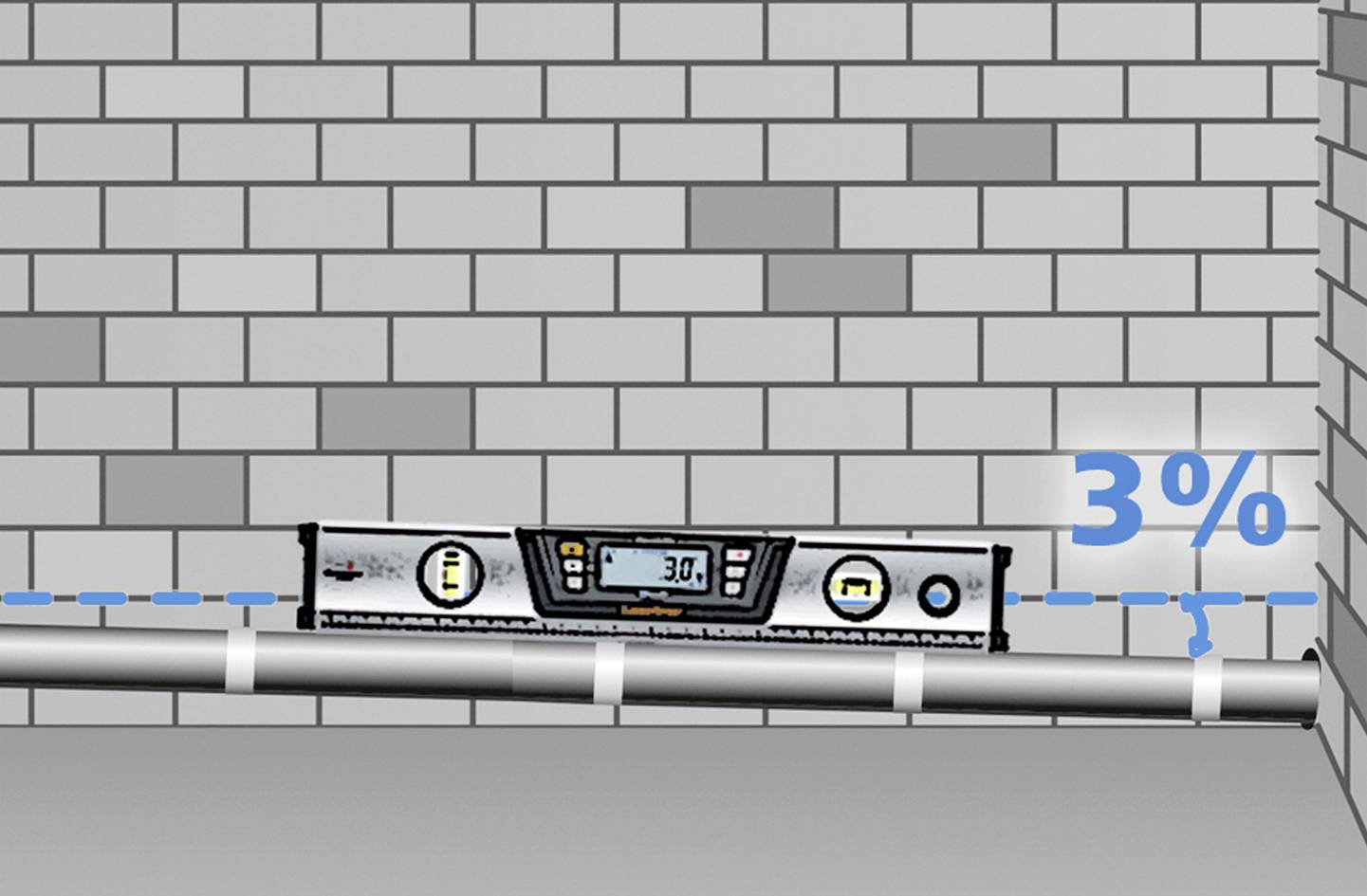 Spirit level shows an inclination of 3% on a pipe in a brick-built cellar.