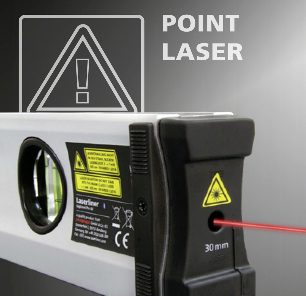 Spirit level with integrated dot laser, warns of laser radiation. Laser beam illuminates on grey background, 30 mm marked.