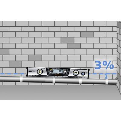 A spirit level shows a 3% gradient on a pipe running along a brick wall.