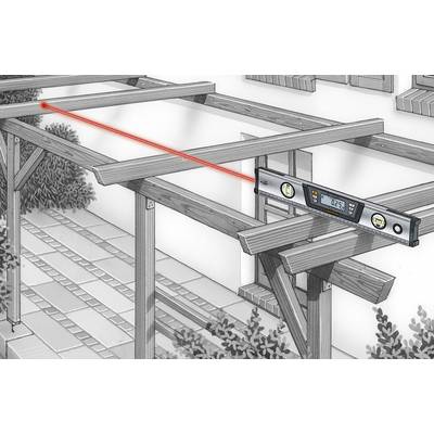 A digital spirit level displays '0.25°' and rests on wooden beams of a carport frame, supported by a laser beam for precision.