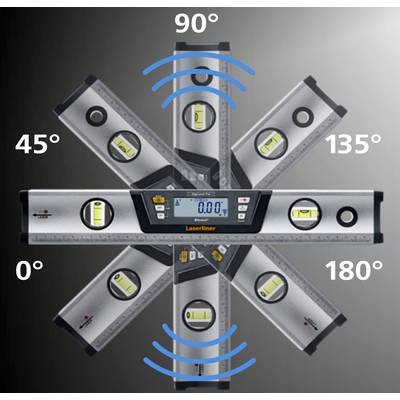 An electronic protractor displays angles of 0°, 45°, 90°, 135° and 180°. A digital display shows '0.0°'.