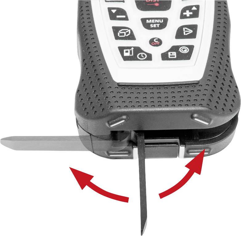 A digital measuring device with visible menu and setting buttons and an extendable black blade framed by red arrows to indicate movement.