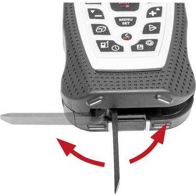 A digital measuring device with visible menu and setting buttons and an extendable black blade framed by red arrows to indicate movement.