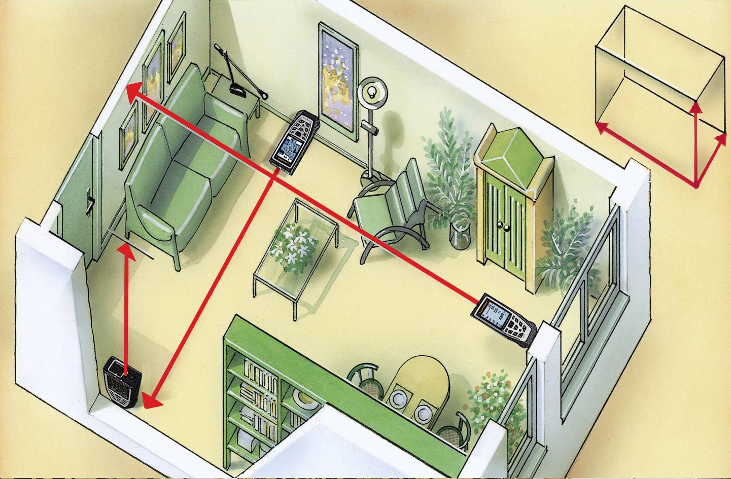Isometric drawing of a living room. Red-marked connections between speakers, television, and controls. Furniture: sofa, armchair, table, plants, cupboard.