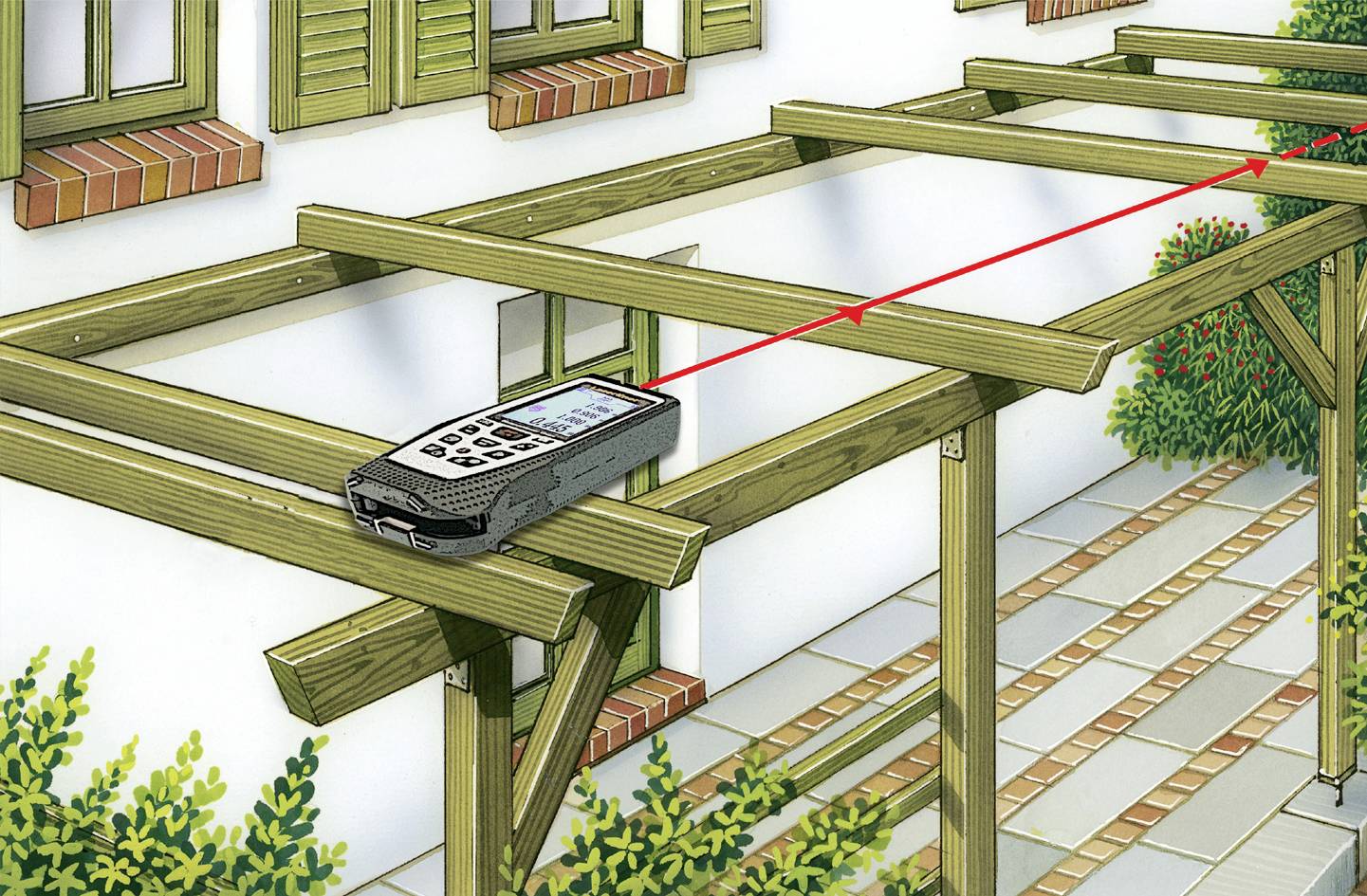 Wooden pergola with a resting laser distance measuring device that projects a red line; used for measuring distances or object alignment.