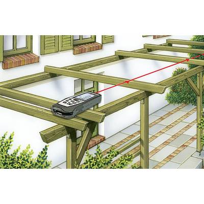 Wooden pergola with a resting laser distance measuring device that projects a red line; used for measuring distances or object alignment.