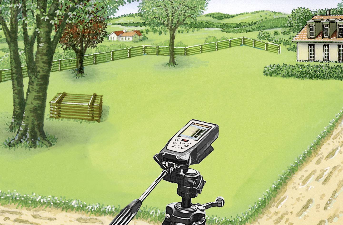 A surveying instrument stands on a tripod in a rural landscape with trees, a house and a fence in the background.