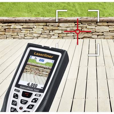 Laser distance meter displays a measurement of 4.00 m on the screen, aimed at a wall in the background with a red crosshair.