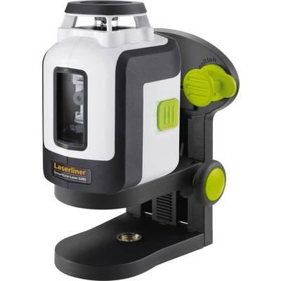 A compact, black and white laser level with green accents, suitable for precise construction and measurement work, mounted on a stand.