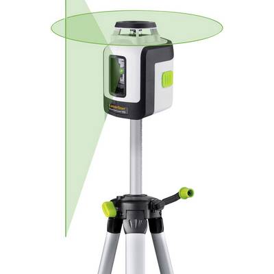Laser level mounted on a tripod. It projects green horizontal and vertical laser beams for precise alignment.