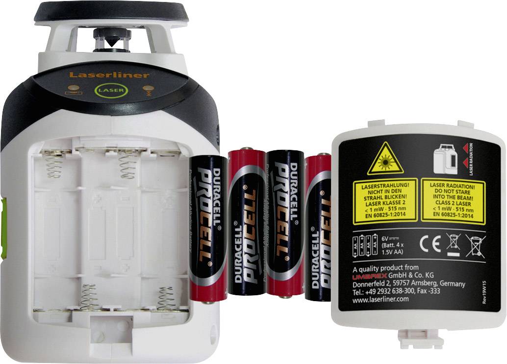 Compact laser level with open battery compartment, four Duracell batteries beside it. Yellow warning sign: 'Avoid laser radiation'.