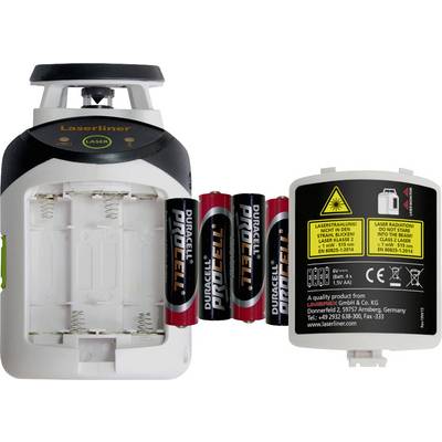 Compact laser level with open battery compartment, four Duracell batteries beside it. Yellow warning sign: 'Avoid laser radiation'.