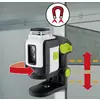 A laser spirit level is magnetically attached to a metal bracket, with arrows indicating alignment and mounting direction.