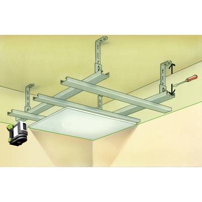 Installation of ceiling profiles with tools; laser levelling shows fixing lines.