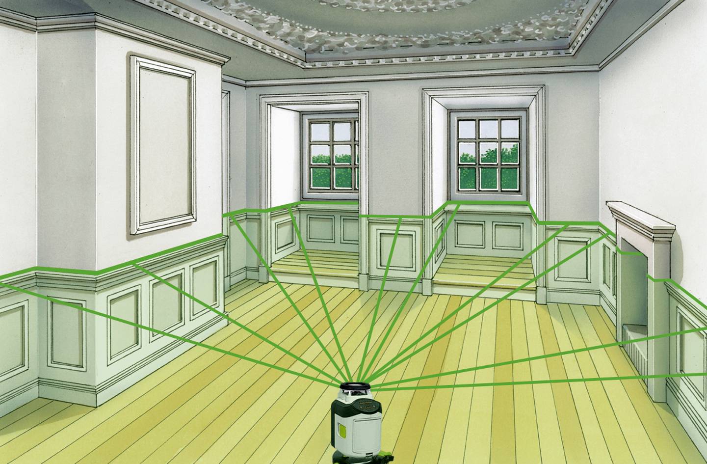A vacuum cleaner in a classically furnished room demonstrates how cleaning routes can be covered from a central position.