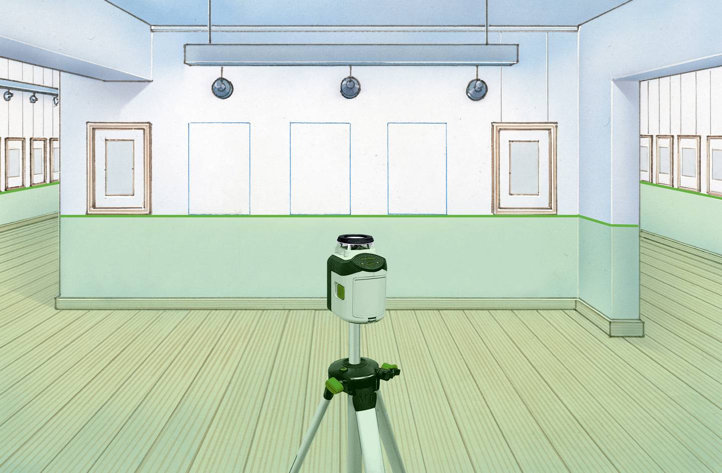 A surveying instrument on a tripod stands in a room with several frames on the wall. The room appears empty and well-lit.
