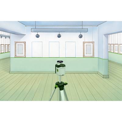 A surveying instrument on a tripod stands in a room with several frames on the wall. The room appears empty and well-lit.