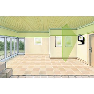 Empty space with tiled flooring and green walls. A laser device on the wall projects a green line across the room.