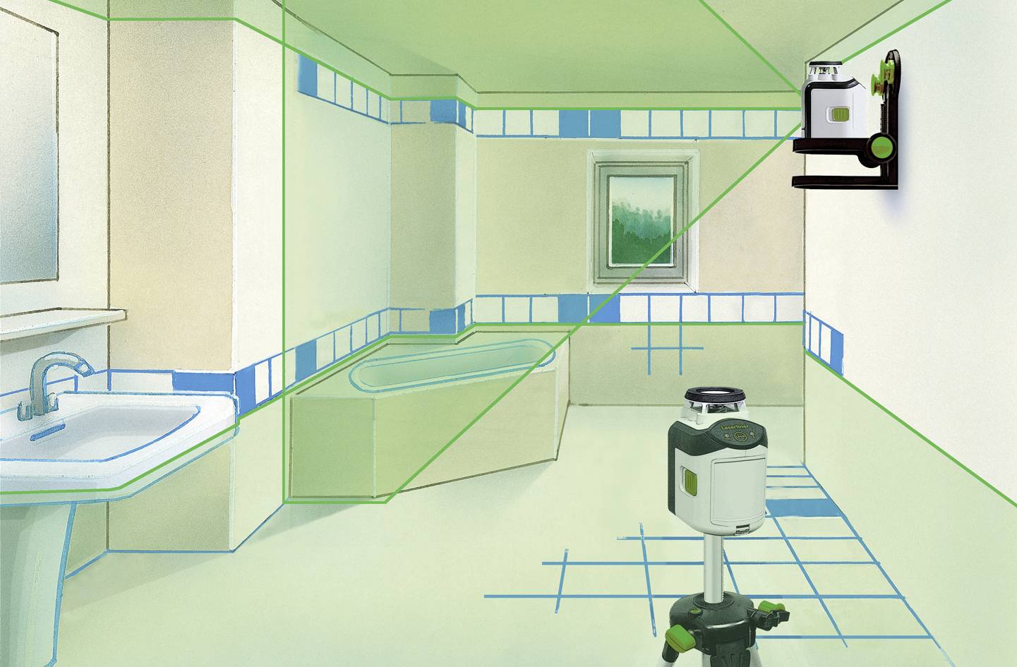 A bathroom with a washbasin, bathtub and window. A laser distance measurer displays green lines on the walls and floor.