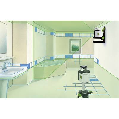 A bathroom with a washbasin, bathtub and window. A laser distance measurer displays green lines on the walls and floor.